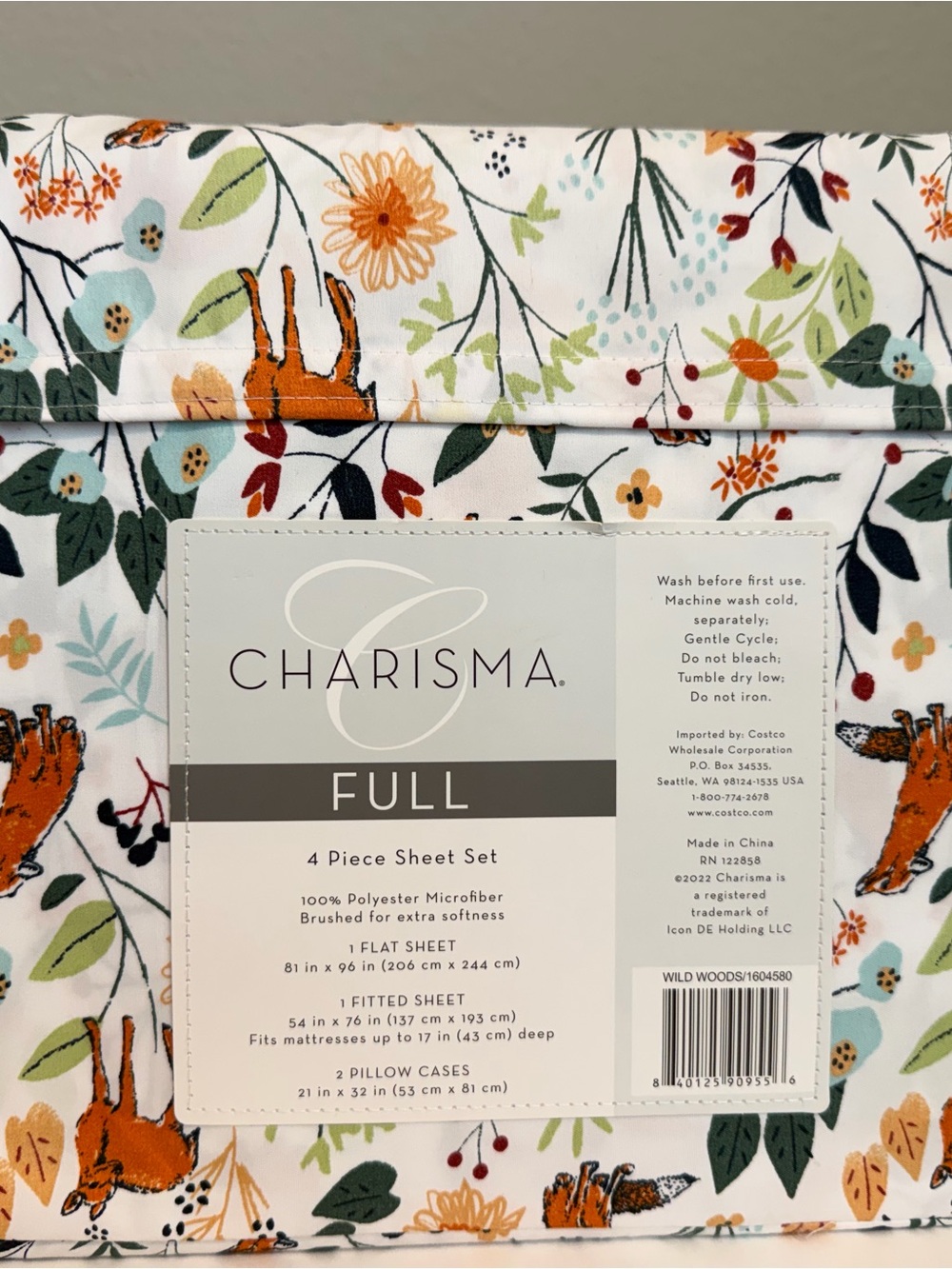 Charisma White Sheet Set with Orange Fox and Green Floral Print